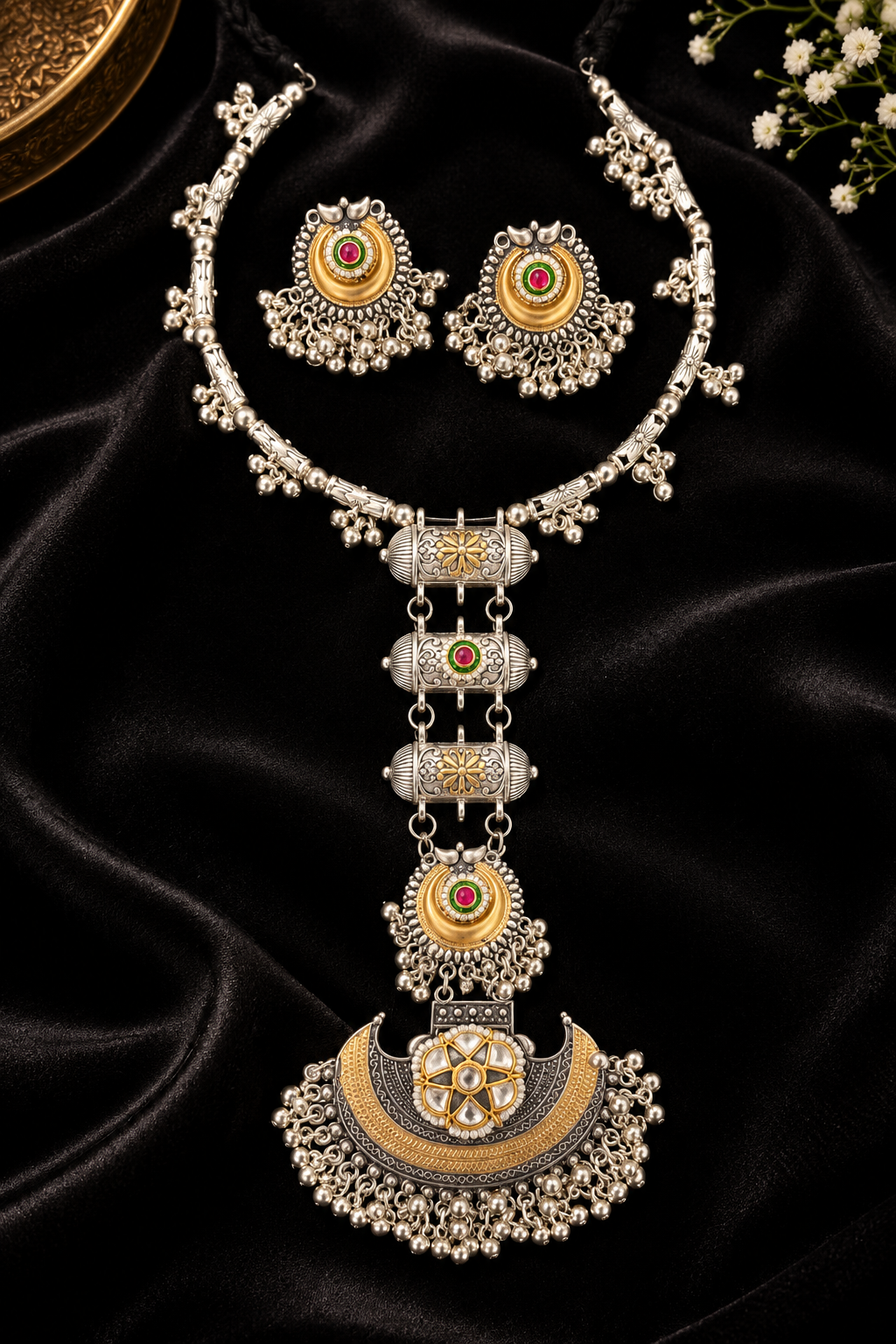 Dual-Tone Long Hasli Necklace Set with Kundan Chandbali Drop & Earrings