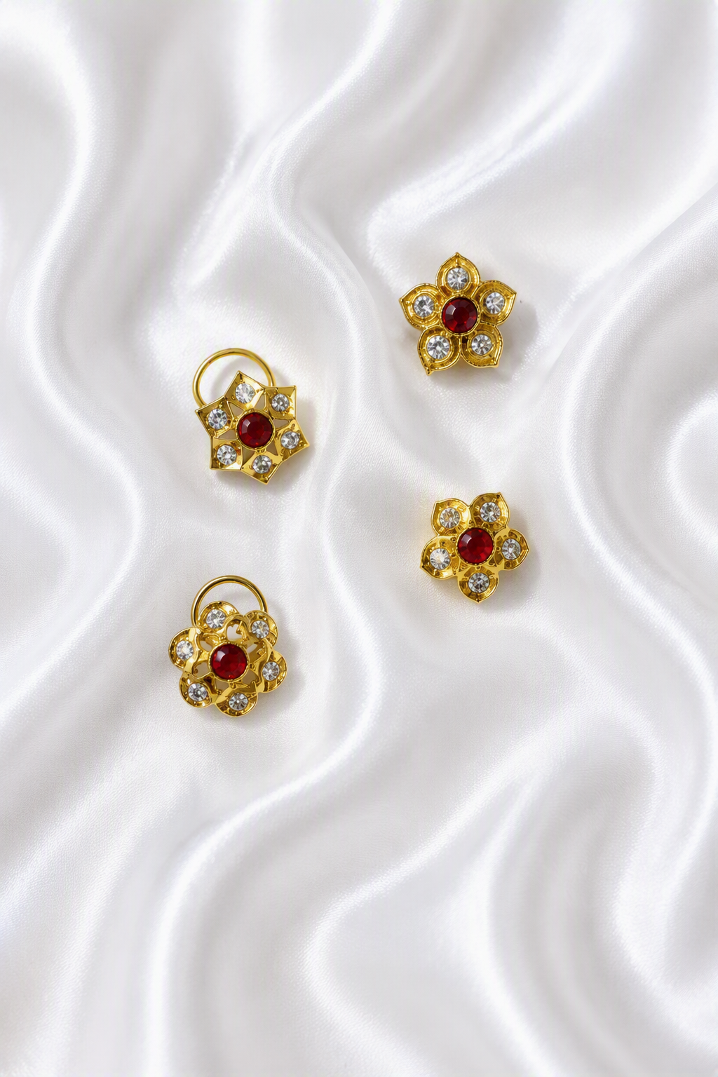 Pink & Clear Stone Nose Pins – Gold-Toned Floral & Star Screw Studs