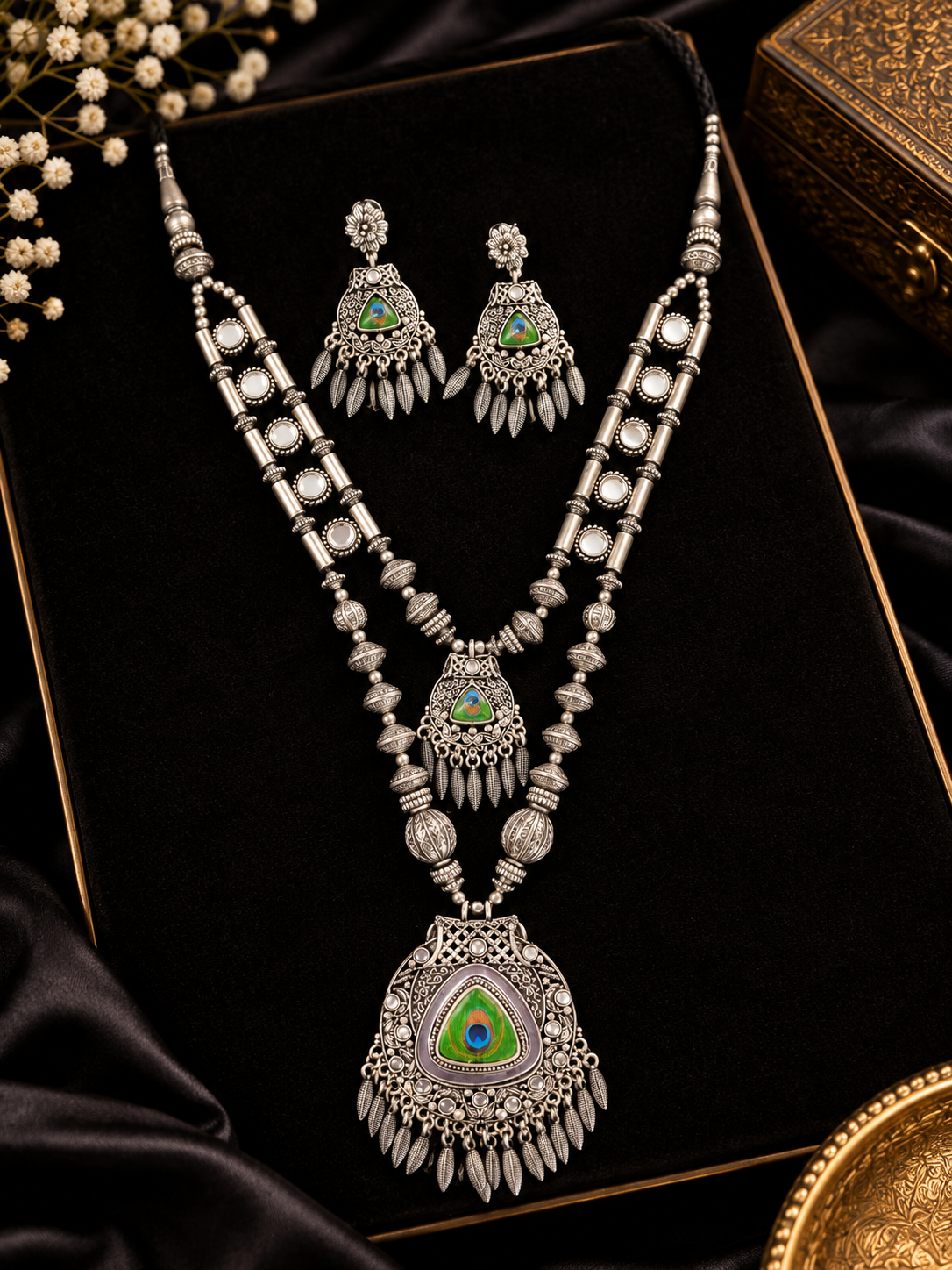 Double Layer Morpankh Oxidised Silver Necklace Set with Earrings