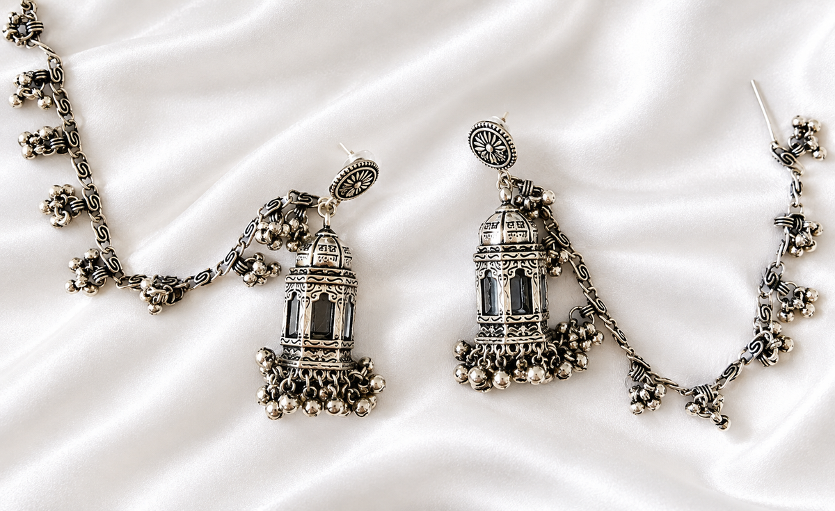 Oxidised Silver Lantern Jhumka Earrings with Hair Chain