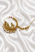 Jadau Nath in Peacock Design – Bridal Gold-Toned Nose Ring with Pearl Chain Support