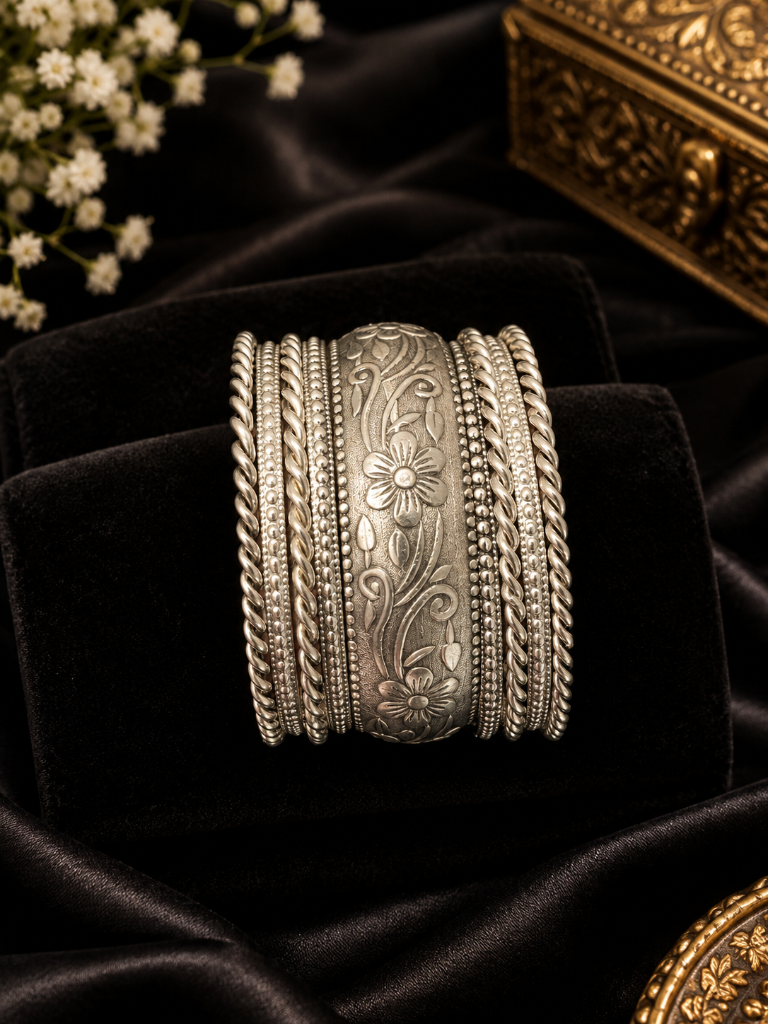 Oxidised Silver Floral Stacked Bangle Set