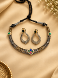 Traditional Dual Tone Hasli Set – Jaali Design with Green & Blue Pachi kundan Accents