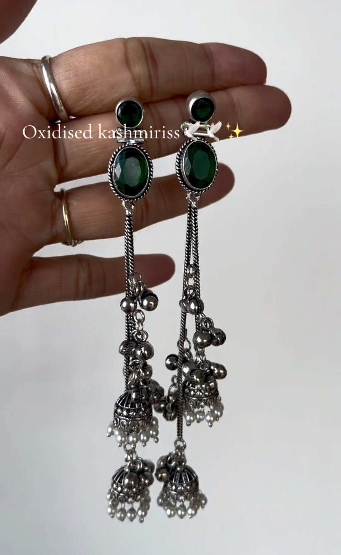 Green stone oxidised kashmiri earrings
