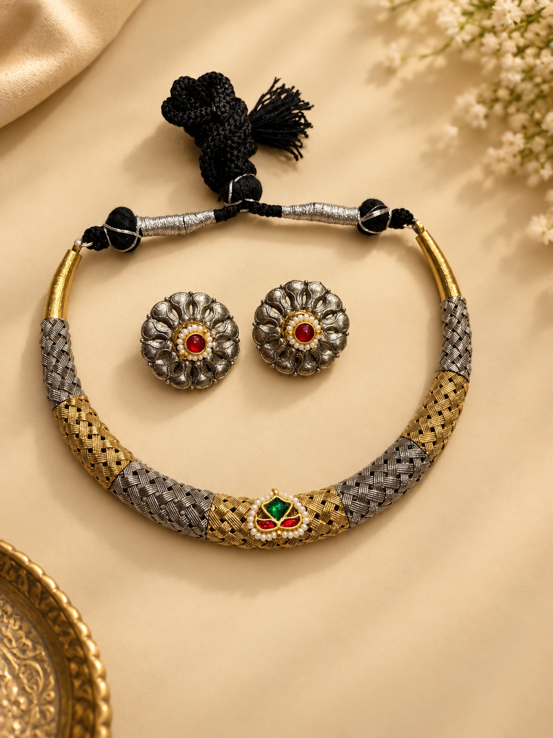 Traditional Dual Tone Hasli Choker Set – Woven Design with Pachi Kundan Accent