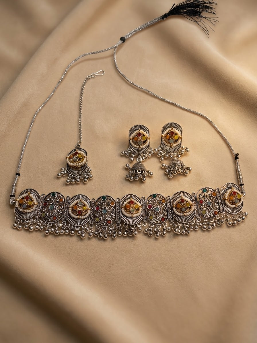 Oxidised Silver Choker Necklace Set with Tika & Jhumka Earrings