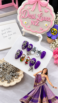 Royal Purple Press-On Nails | Hand-Painted Navratri Nails with Garba Dancers & Silver Charms
