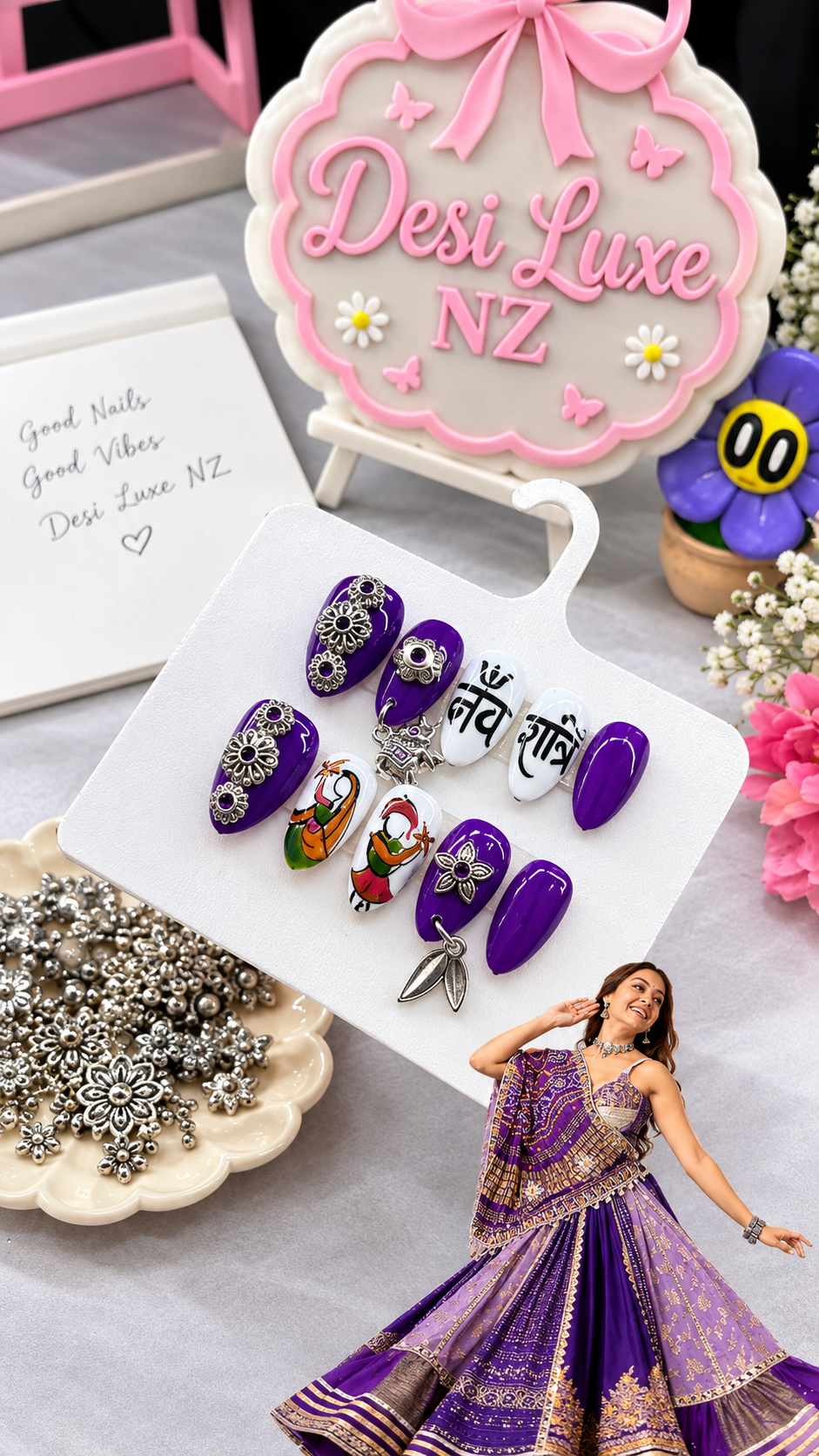 Royal Purple Press-On Nails | Hand-Painted Navratri Nails with Garba Dancers & Silver Charms