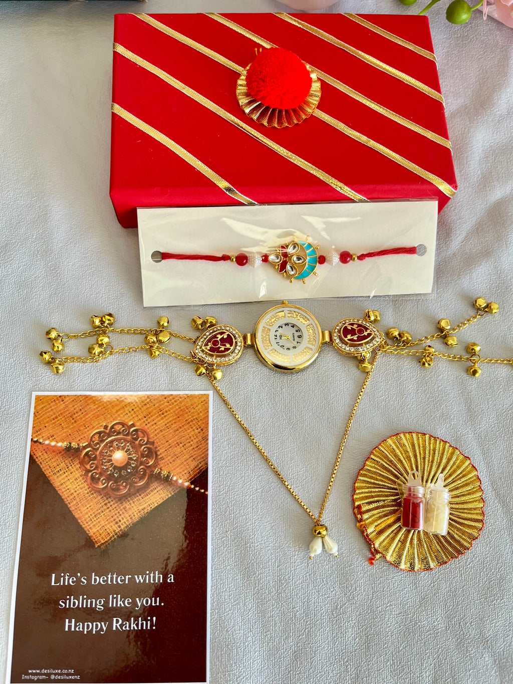 Rakhi Bhai Bhabhi Special 🎁 Kundan Rakhi + Watch Bracelet Gift Box