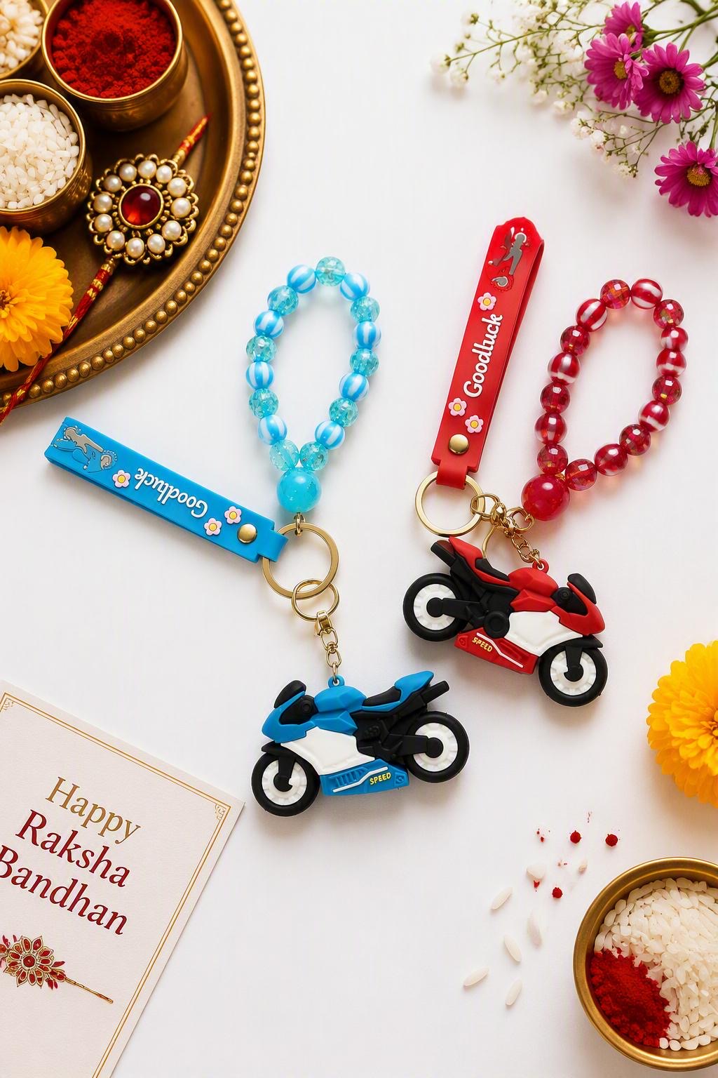 Kids Bike Keychain Rakhi with Beaded Bracelet -single