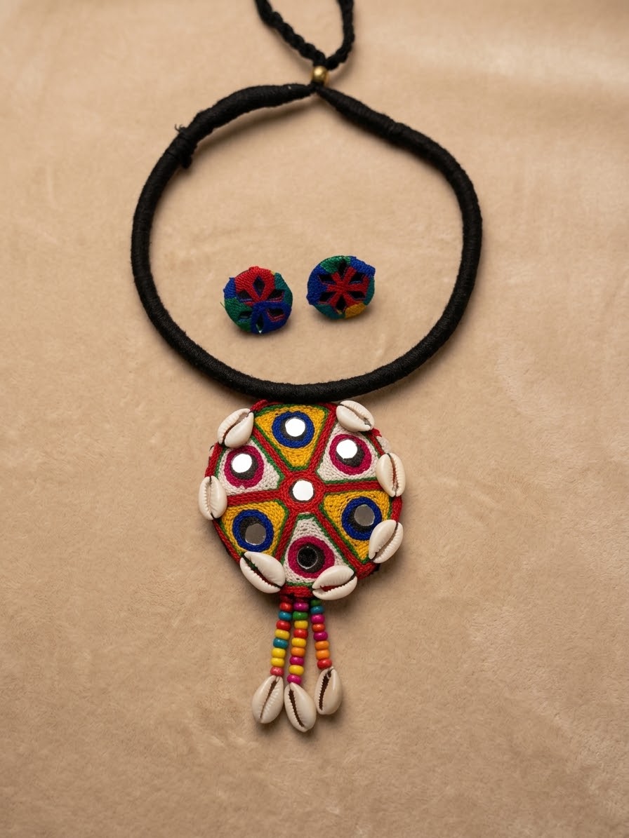 Kutch Embroidered Hasli Necklace Set with Cowrie Shell Tassels