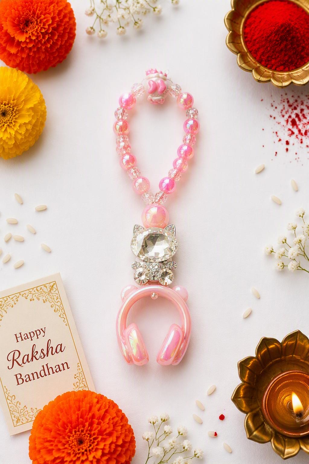 Kids Sparkly Cat Headphone Beaded Bracelet Rakhi