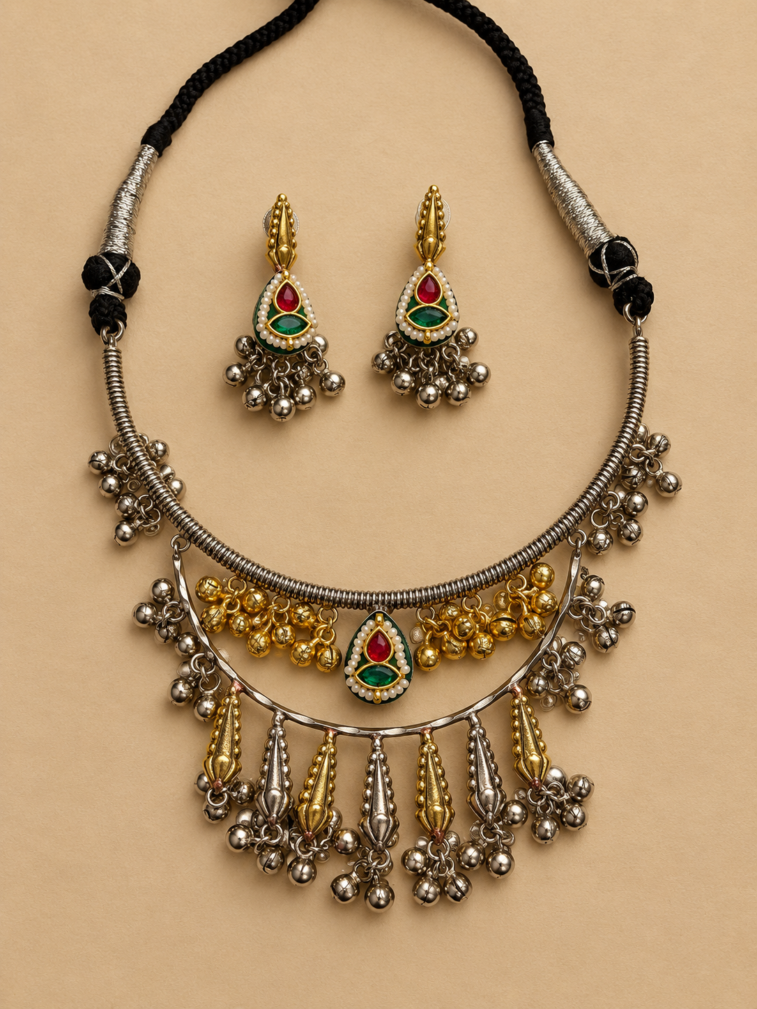 Double Layer Hasli Set with Ghungroo Detailing & Pachi Kundan Green Stones