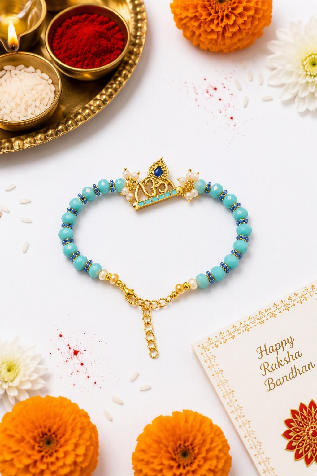 Turquoise Beaded Om Rakhi Bracelet with Gold Lobster Clasp