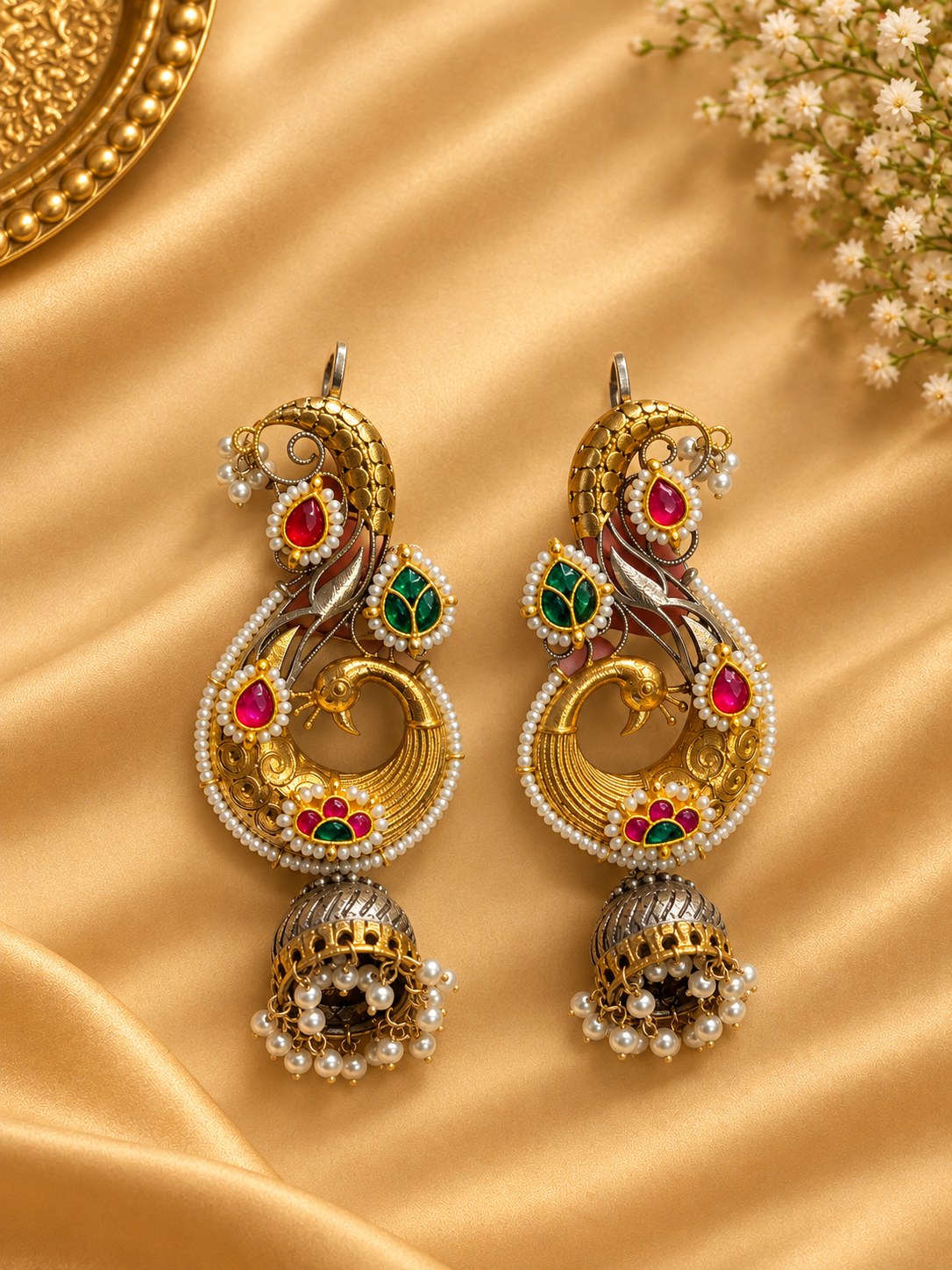 Antique Gold & Silver Peacock Ear Cuff Jhumka Set – Pink & Emerald Pachi kundan