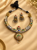 Dual Tone Pachi Kundan Hasli Necklace Set with Matching Jhumki Earrings