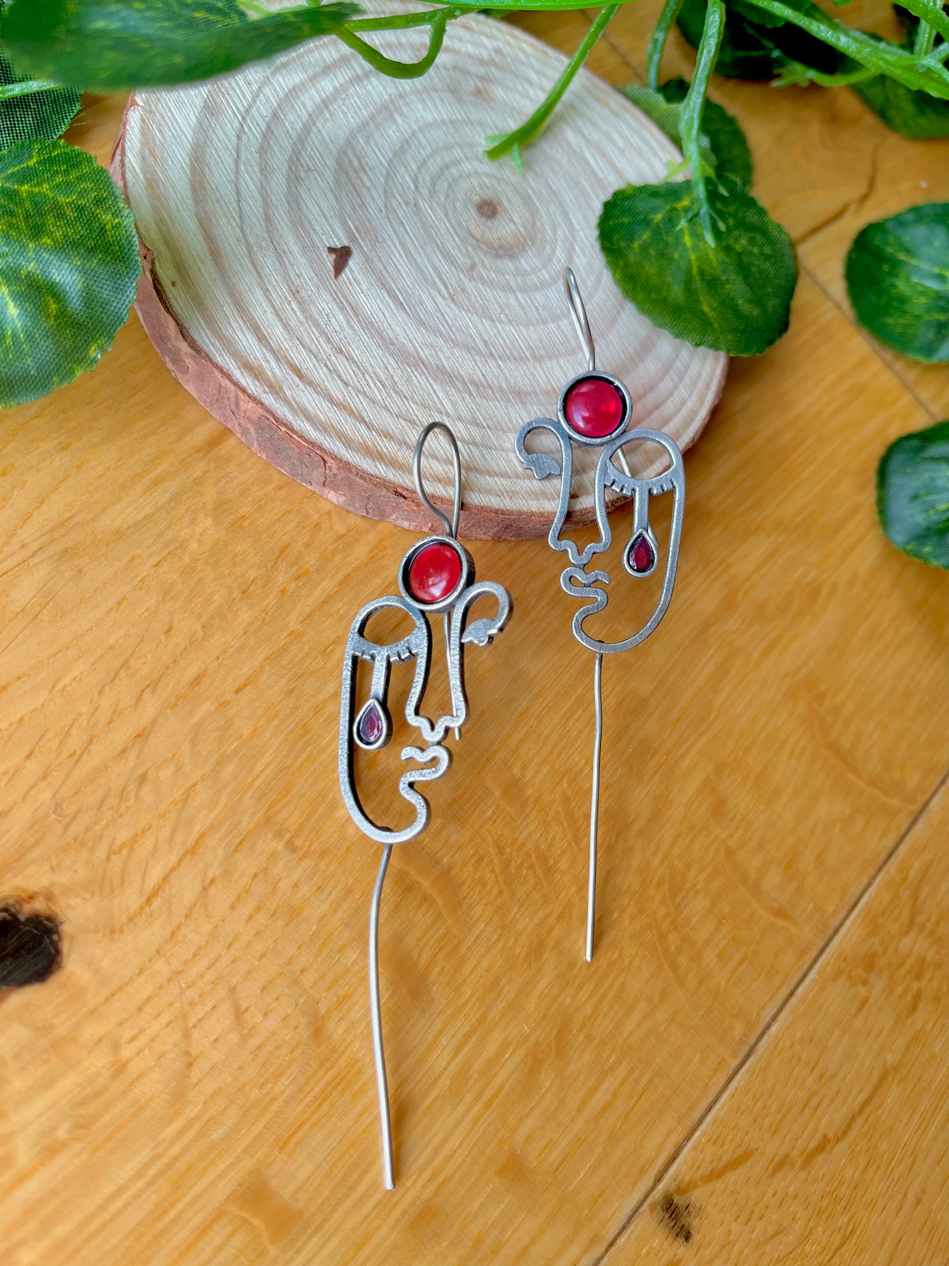 German silver needle earcuffs- Red colour