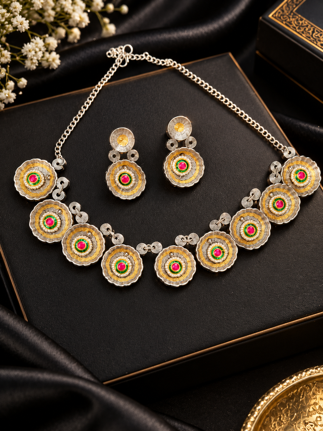 Dual-Tone Meenakari Round Medallion Necklace Set with Red Stone & Earrings