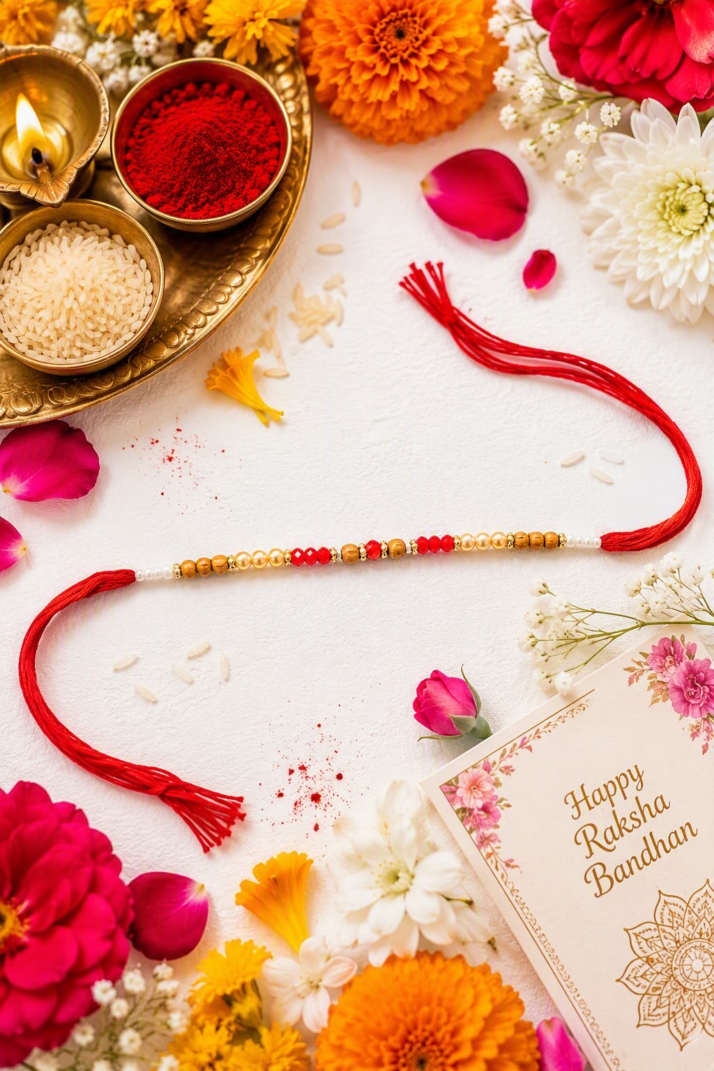Sandalwood (Chandan) Beaded Rakhi with Red & Gold Beads