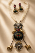 Elegant Dual Tone Long Necklace Set with Cow & Peacock Detailing – Black Stone