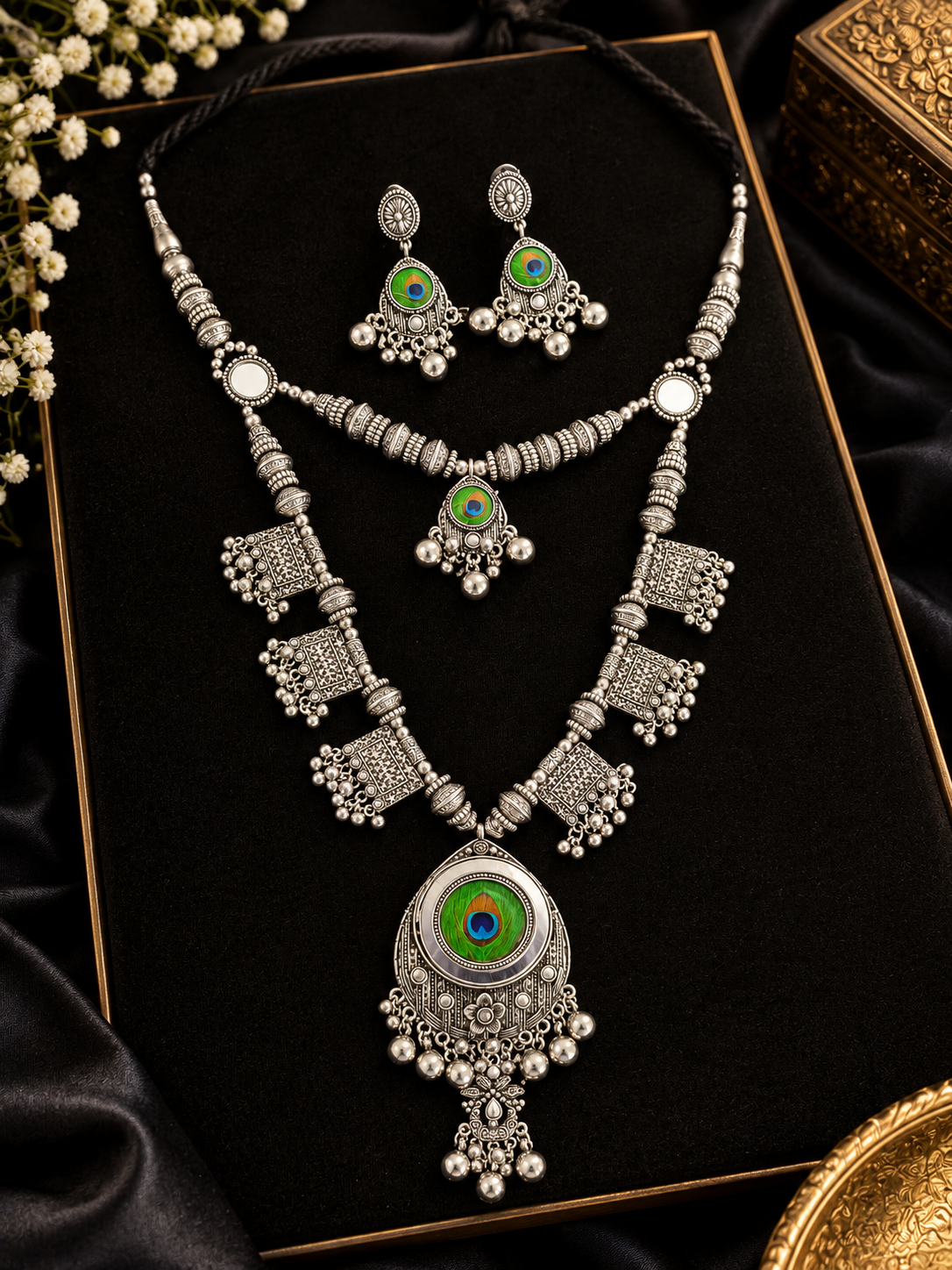 Morpankh Oxidised Silver Layered Necklace Set with Jhumka Charms & Earrings – Navratri Collection