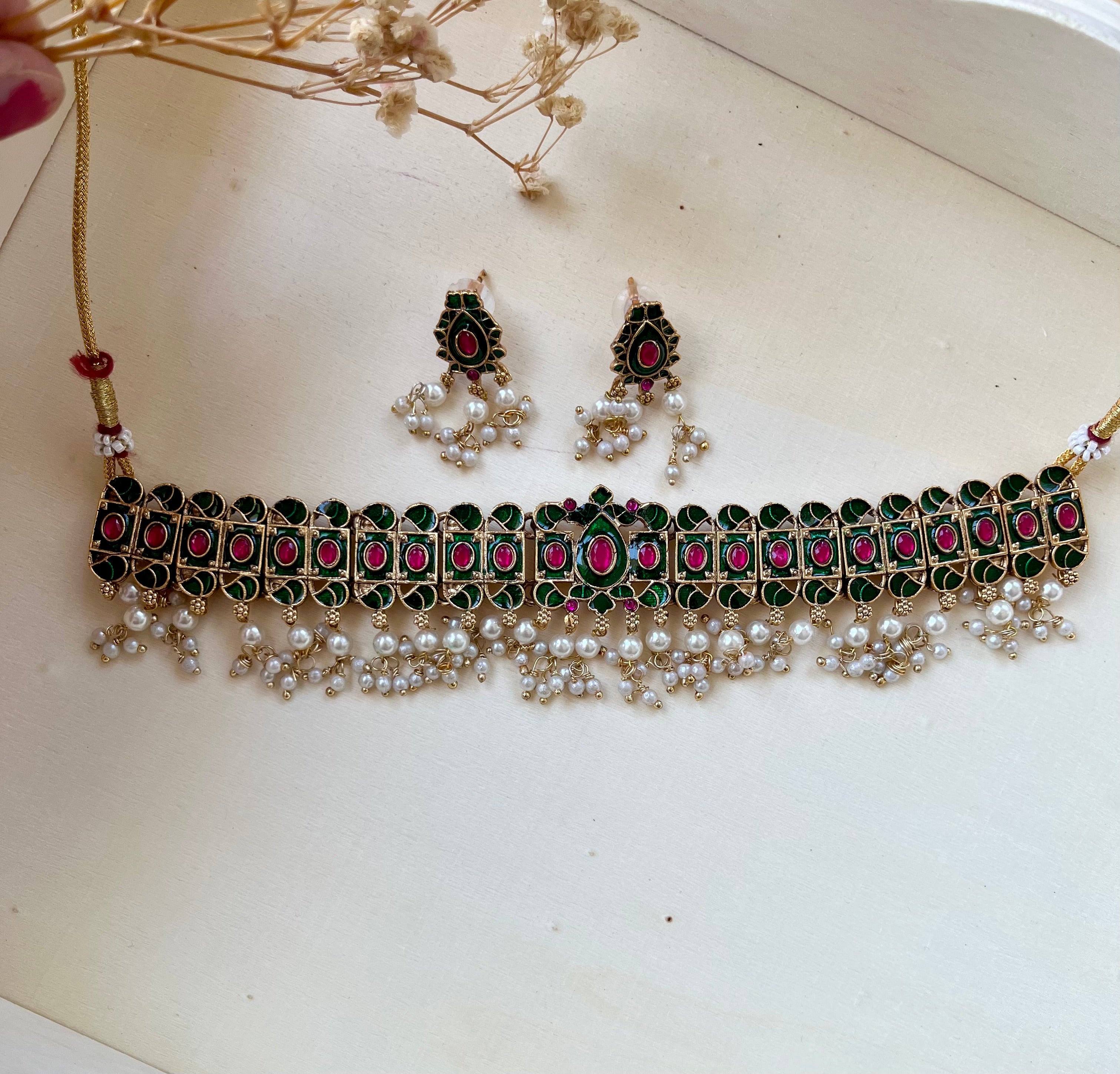 Pink kundan and Meenakari choker set