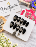 Noir Charms Press-On Nails | Glossy Black Navratri Nails with Oxidised Silver Charms