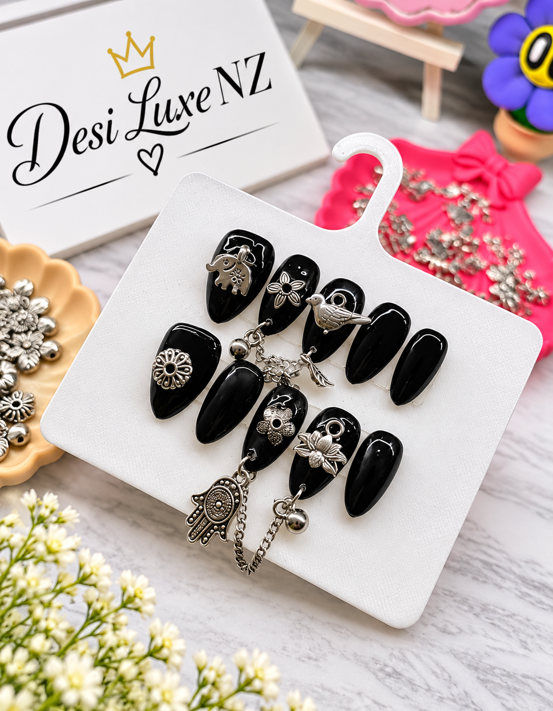 Noir Charms Press-On Nails | Glossy Black Navratri Nails with Oxidised Silver Charms