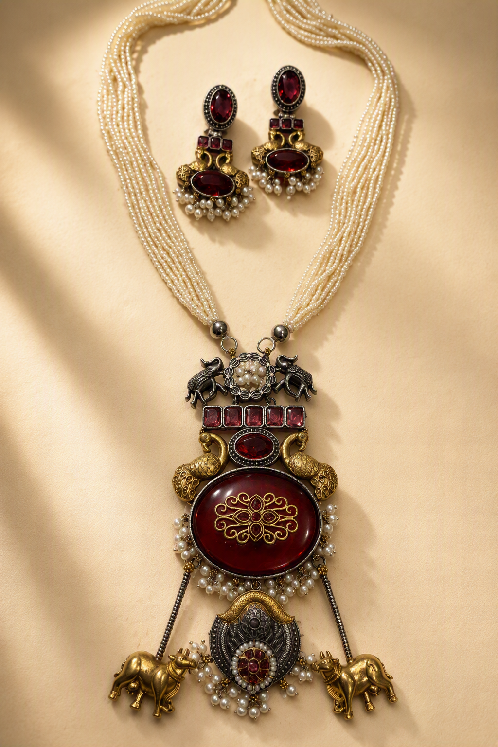 Elegant Dual Tone Long Necklace Set with Cow & Peacock Detailing – Multi-Strand Pearl