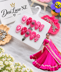 Rani Pink Press-On Nails | Hand-Painted Pink & White Garba Nails with Charms