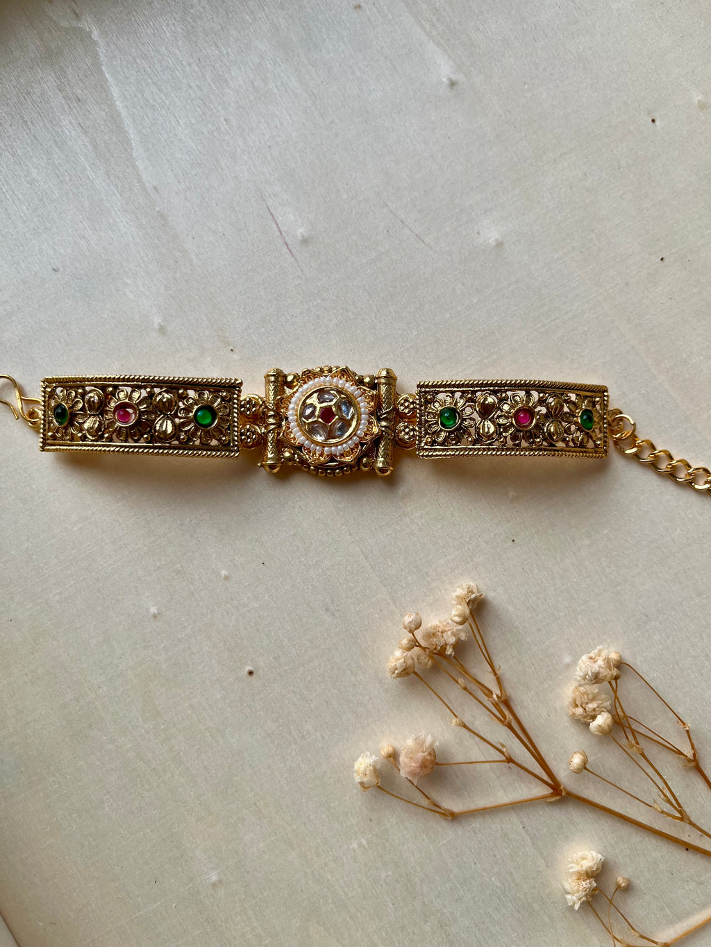 Antique Gold Kundan Bracelet | Adjustable Chain Jewellery NZ