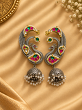 Peacock Oxidised Ear Cuffs with Pachi Kundan Jhumkis – Premium Trending Design
