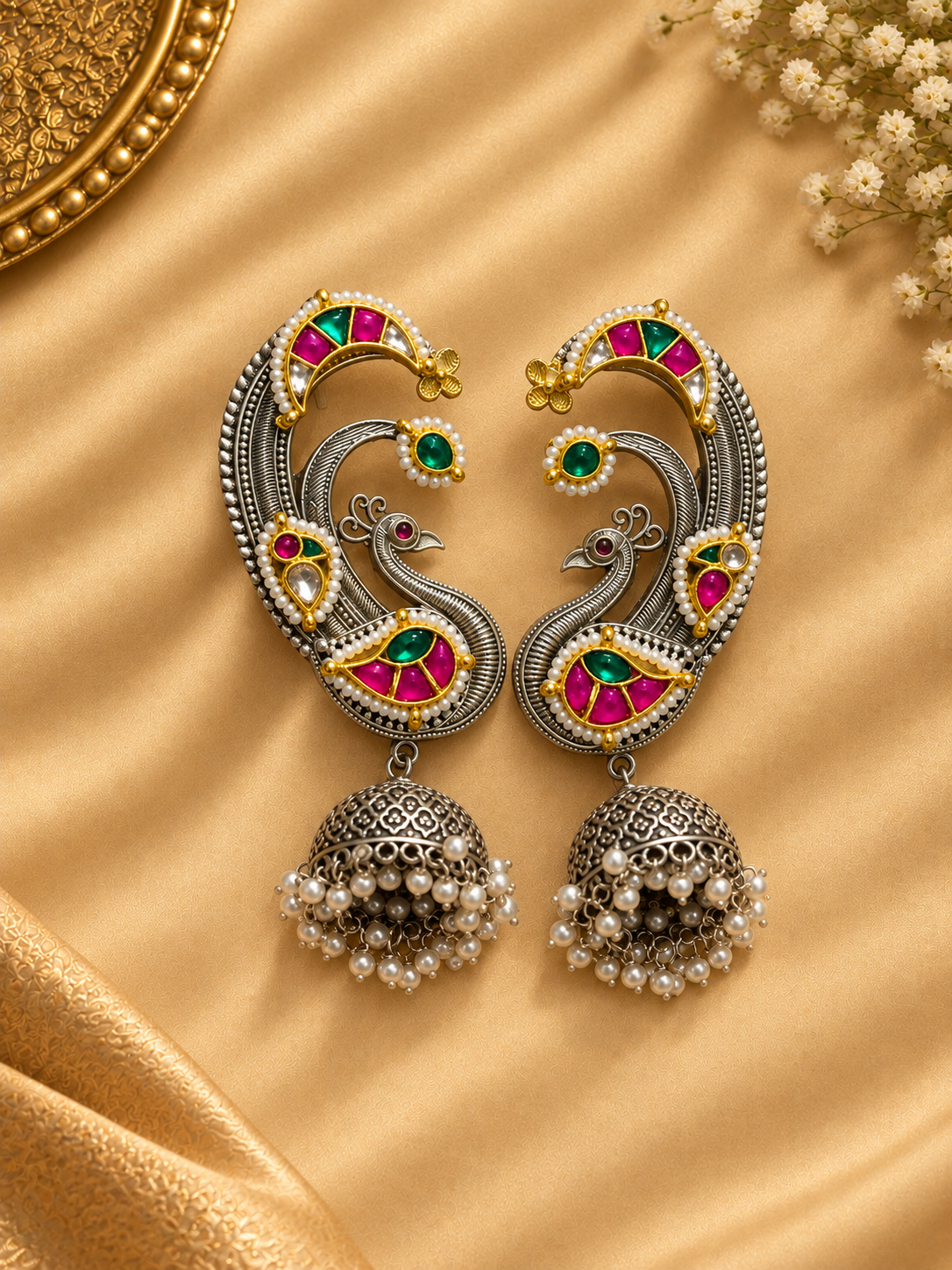 Peacock Oxidised Ear Cuffs with Pachi Kundan Jhumkis – Premium Trending Design