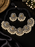 Oxidised Silver Chandbali Choker Necklace Set with Pearl Fringe & Earrings