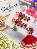 Garba Red Press-On Nails | Hand-Painted Dancer Navratri Nails with Jhumka Charm