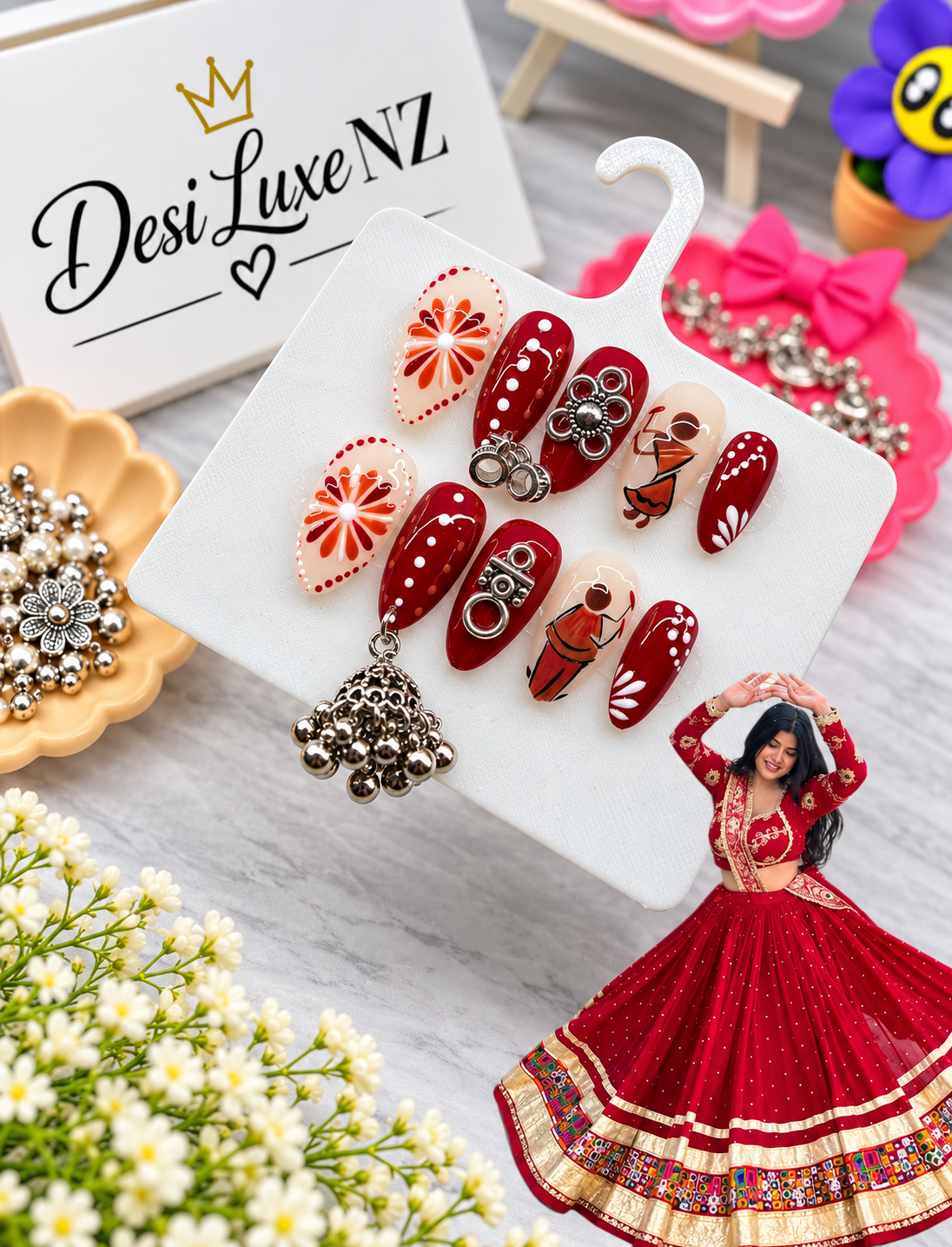 Garba Red Press-On Nails | Hand-Painted Dancer Navratri Nails with Jhumka Charm
