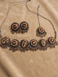 Navratri Oxidised Mirror & Multi-Stone Choker Set with Maang Tikka and Earrings