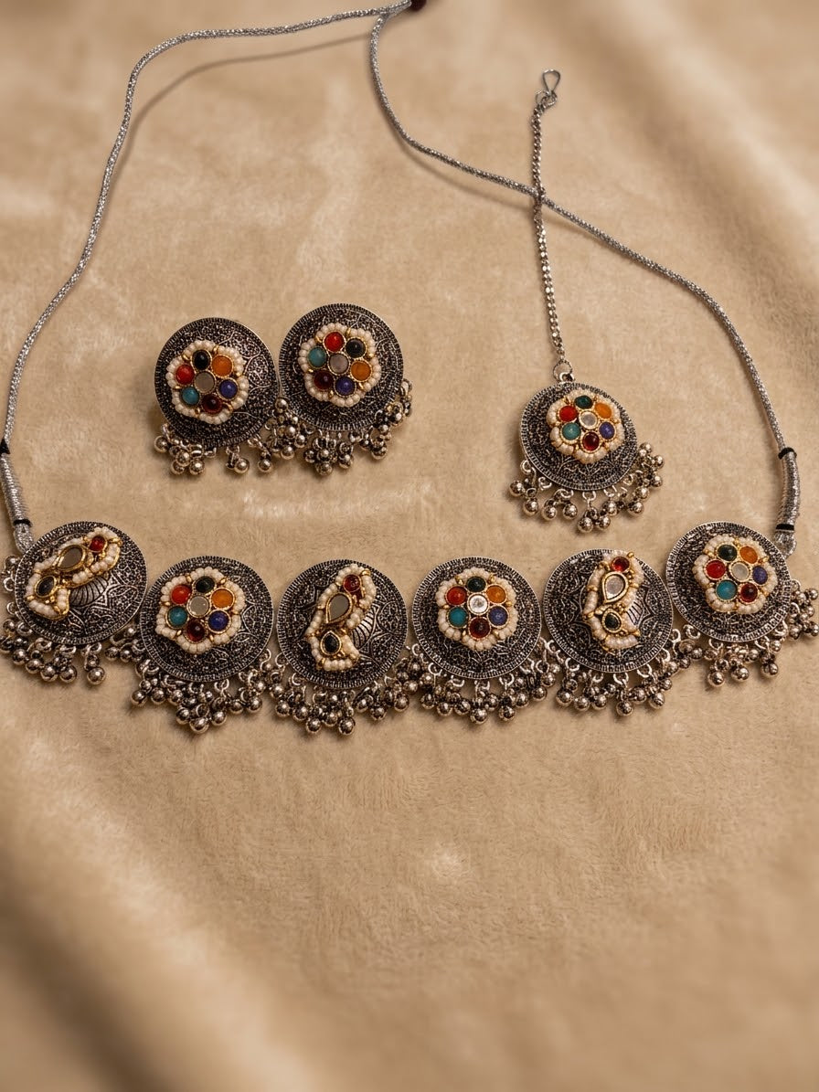 Navratri Oxidised Mirror & Multi-Stone Choker Set with Maang Tikka and Earrings
