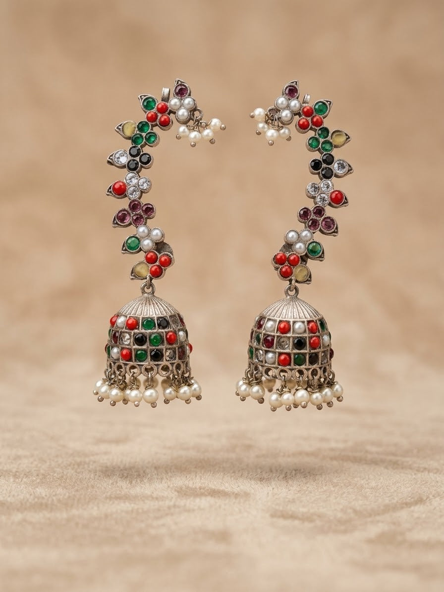 Multicolor Stone Ear Cuffs with Silver Lattice Jhumka & Pearl Drop