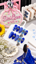Cobalt Bloom Press-On Nails | Hand-Painted Royal Blue Navratri Nails with Elephant Charms