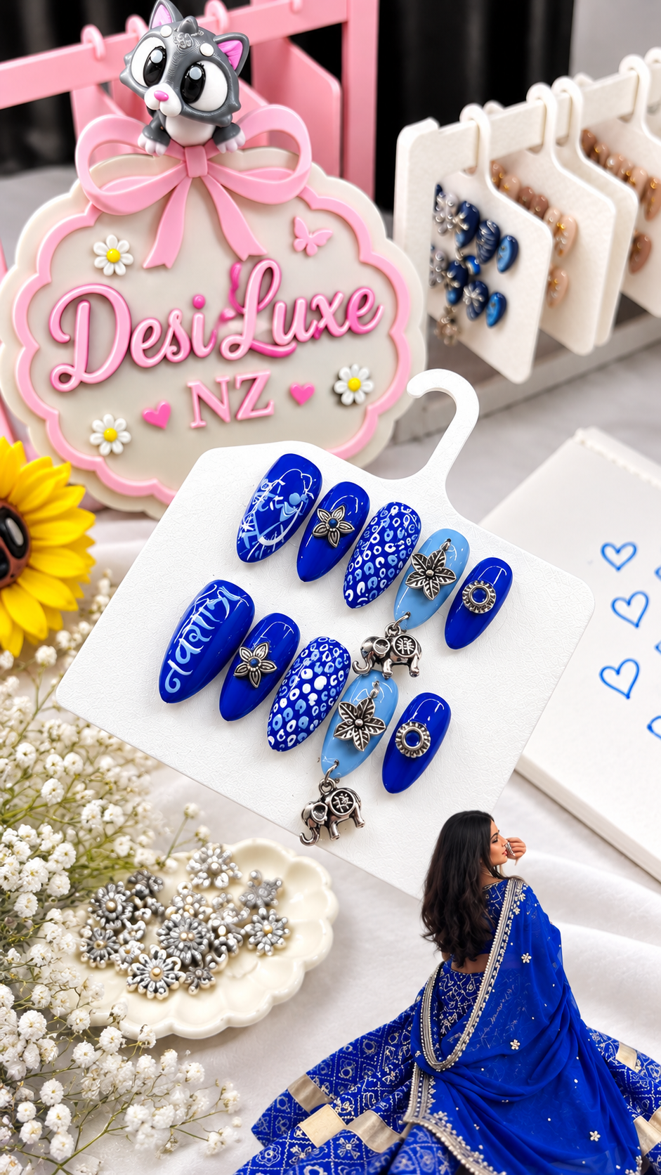 Cobalt Bloom Press-On Nails | Hand-Painted Royal Blue Navratri Nails with Elephant Charms