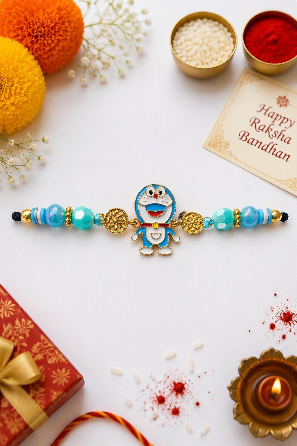 Kids Blue Robot Cat Rakhi with Antique Coin Beads |