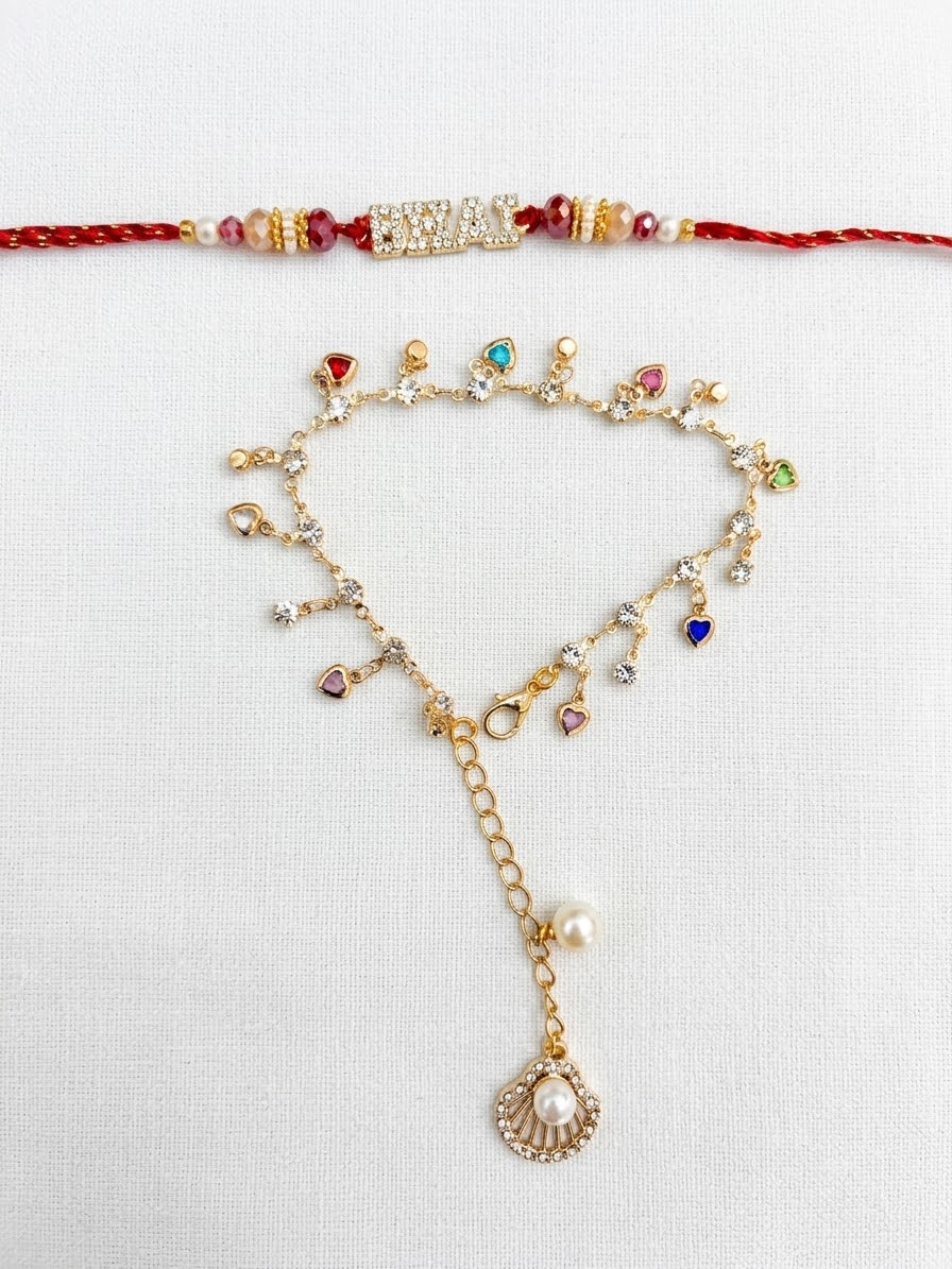 BHAI Rakhi & Multicolor Heart Charm Bracelet Set | Bhai-Bhabi Rakhi Pair