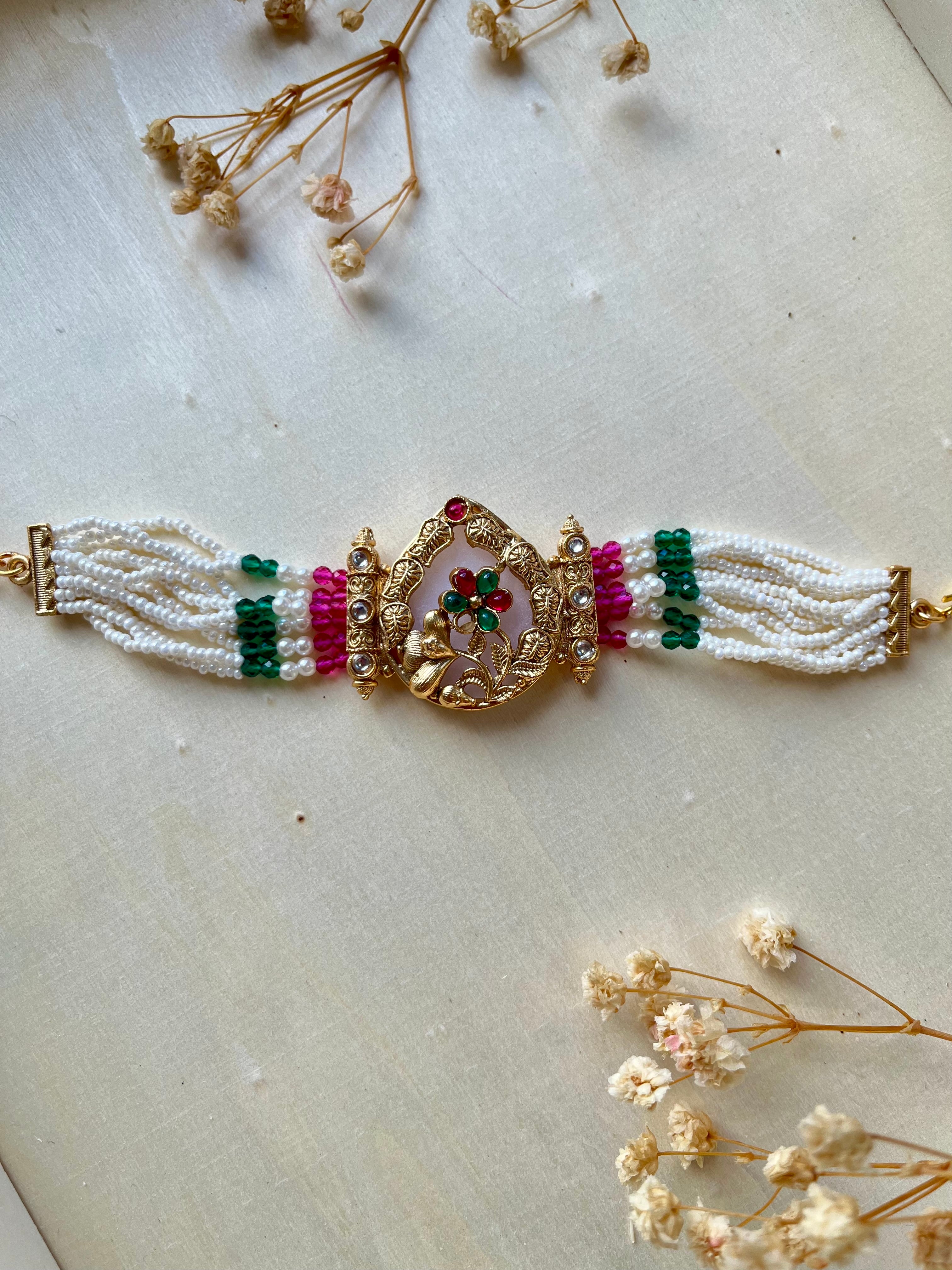 Pearl Multi-Strand Bracelet | Meenakari Rakhi NZ-White (Missing one stone in centre)