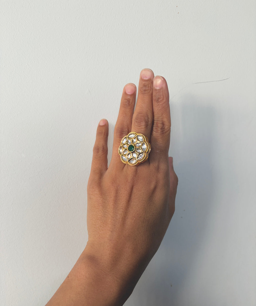 Green and white Polki ring adjustable