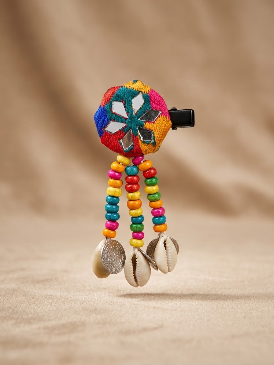 Kutch Mirror Work Hair Clip – Multicolor Embroidery with Cowrie Shell Charms