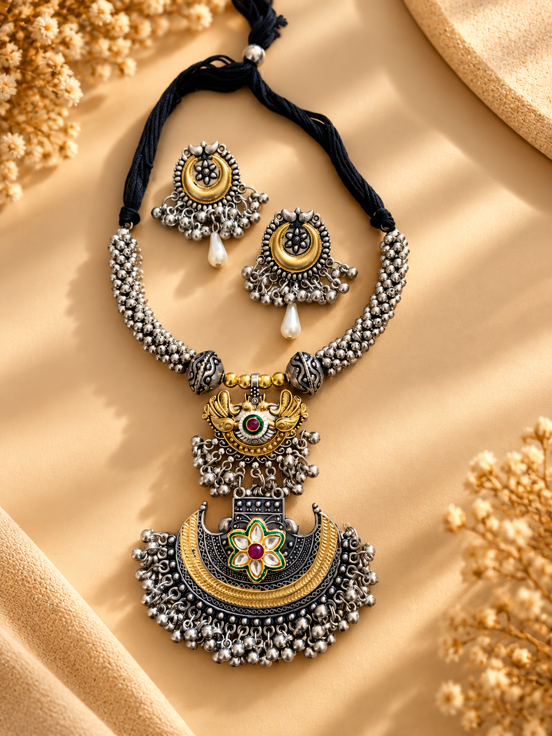 Dual Tone Oxidised Kundan Hasli Necklace Set | Navratri Jewellery