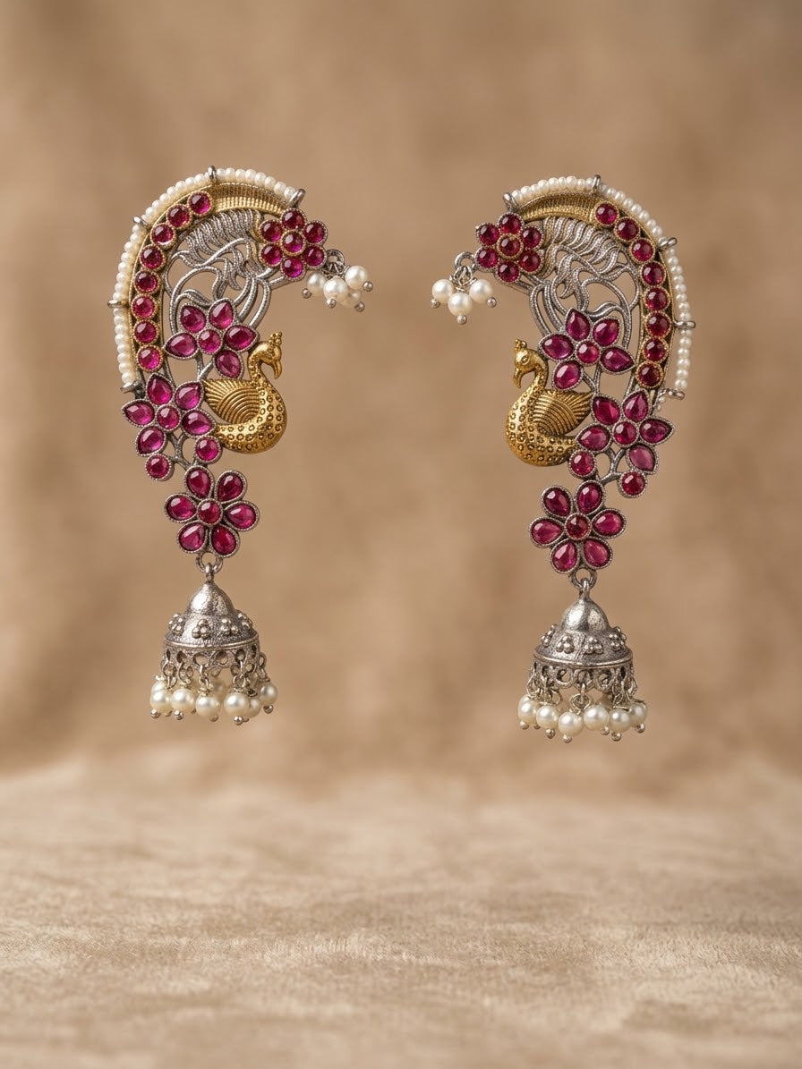 Dual Tone Peacock Ear Cuffs with Pink Stones & Jhumka Drop