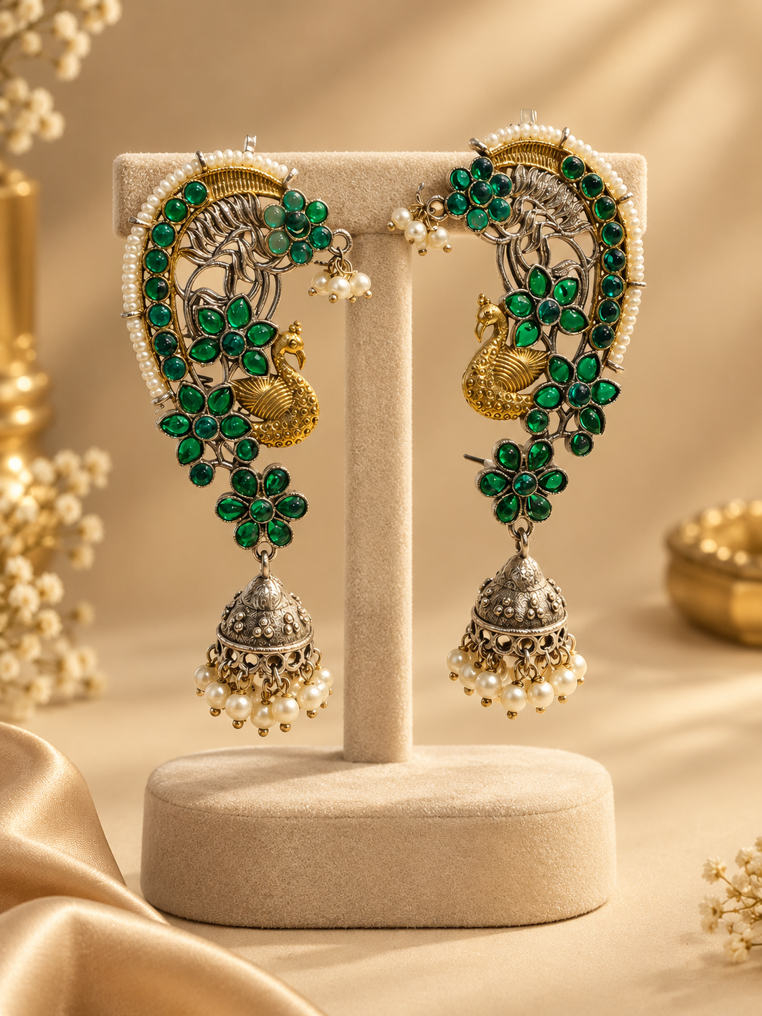 Dual Tone Peacock Ear Cuffs with Emerald Stones & Pearl Jhumka