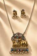 Dual Tone Cow Pendant Long Chain Necklace Set with Cow Stud Earrings
